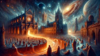 The primary subject of the image is a large, ornate cathedral with a clock tower. The setting is a nighttime cityscape, with the cathedral towering over the surrounding buildings. The visual style is a digital art or illustration, creating a surreal and dramatic atmosphere. The colors are predominantly dark, with the cathedral and clock tower being the main focus, while the cityscape is depicted in shades of blue and purple. The overall mood is one of mystery and intrigue, as